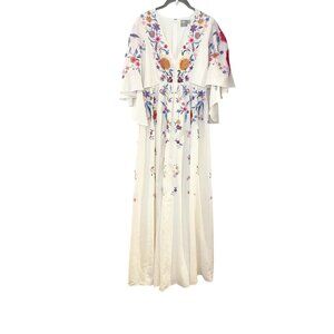 ASOS Embroidered Kimono Deep Plunge Maxi Dress White Boho Blue Pink Boho US 6